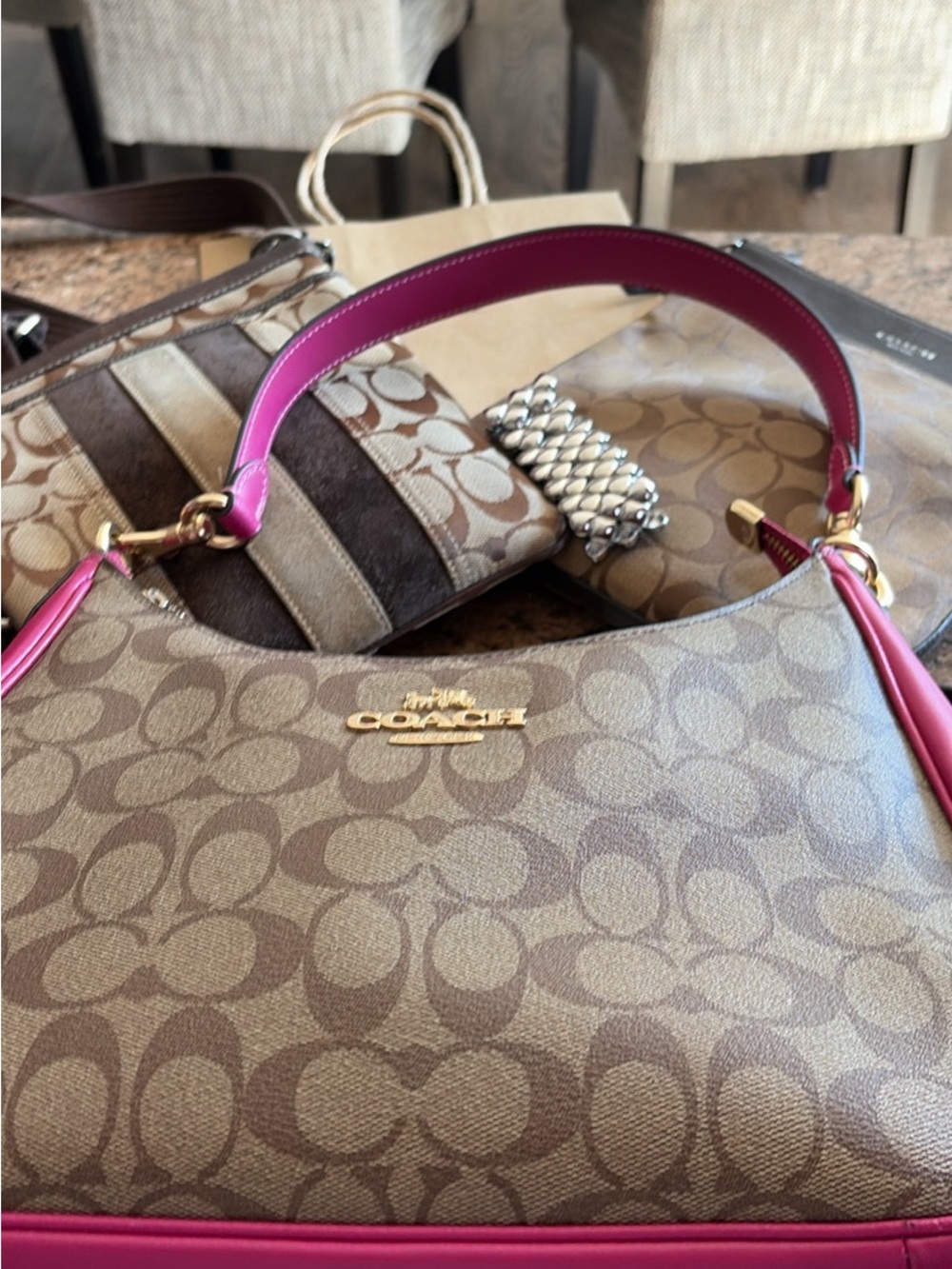 Coach Signature Teri signature Shoulder canvas Bag in Brown with Pink Trim